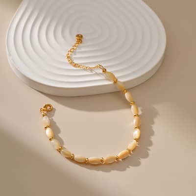 Trendy Handmade Adjustable Gold Plated Stainless Steel Natural Rice Shape Shell Beaded Bracelet detail 4