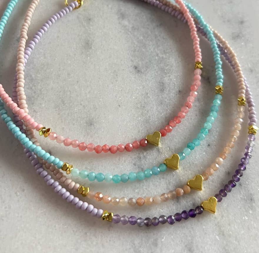 Heart Gemstone Beaded Necklace Natural Stone 18K Gold Plated Stainless Steel - main