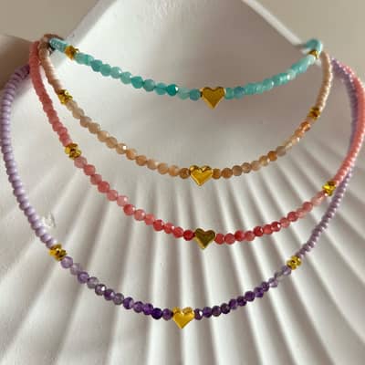 Heart Gemstone Beaded Necklace Natural Stone 18K Gold Plated Stainless Steel detail 2