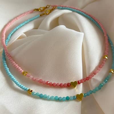 Heart Gemstone Beaded Necklace Natural Stone 18K Gold Plated Stainless Steel detail 3
