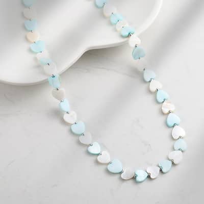 Bohemian Blue White Heart Shell Beaded Choker 925 Sterling Silver Necklace detail 1