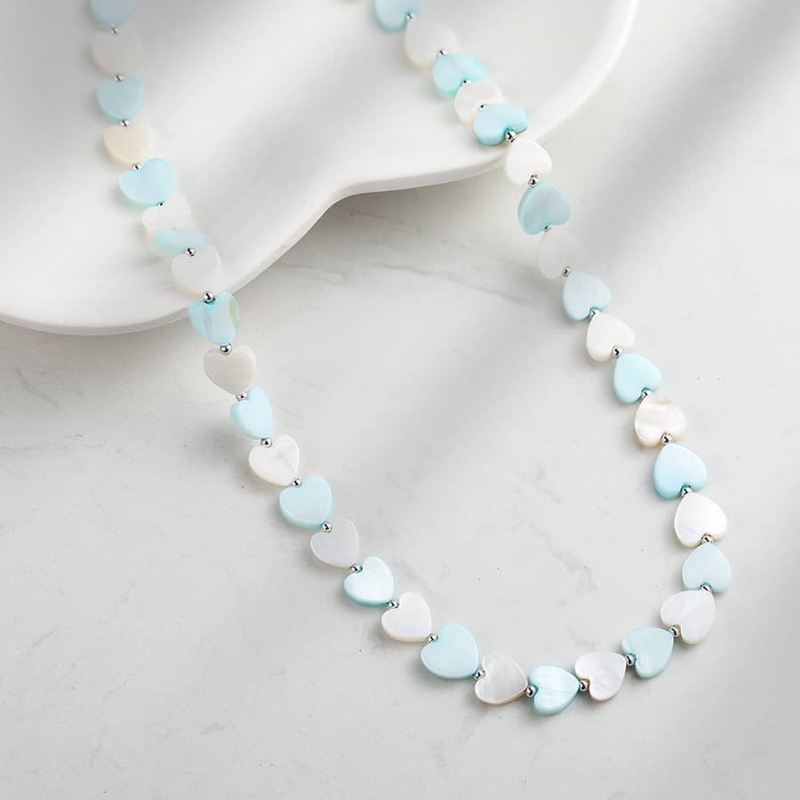 Bohemian Blue White Heart Shell Beaded Choker 925 Sterling Silver Necklace - main
