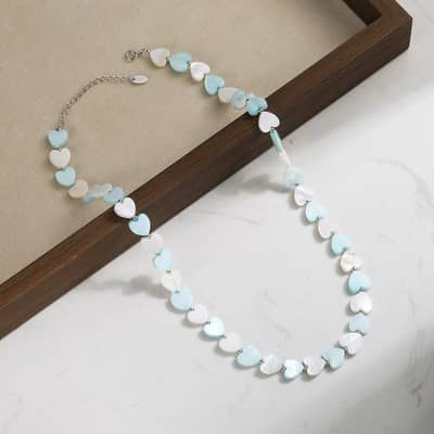 Bohemian Blue White Heart Shell Beaded Choker 925 Sterling Silver Necklace detail 2