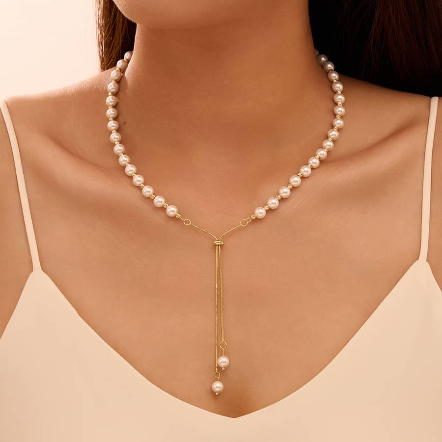925 Sterling Silver Shell Pearl Necklace 14K Gold Plated Round Pearl Choker Y Shape - main