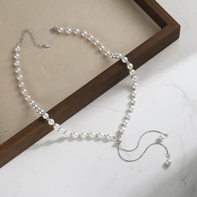 925 Sterling Silver Shell Pearl Necklace 14K Gold Plated Round Pearl Choker Y Shape detail 2