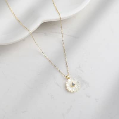 14K Gold Plated 925 Sterling Silver Chain Necklace Natural White Shell Flower Pendant detail 1
