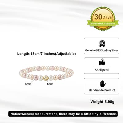 Simple 925 Sterling Silver 6mm Pink Purple Shell Pearl Beaded Bracelet, Daily Wear detail 5