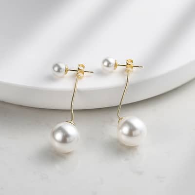 Classic Shell Pearl Long Snake Chain Tassel Earrings 925 Sterling Silver detail 1