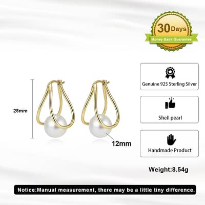 14K Gold Plated Freshwater Shell Pearl Drop Earrings 925 Sterling Silver detail 4