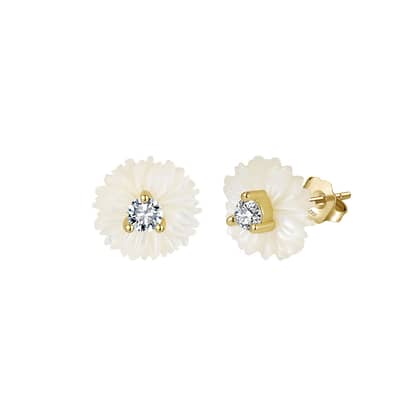 Flower Shape Cubic Zirconia 925 Sterling Silver Shell Pearl Stud Earrings detail 1