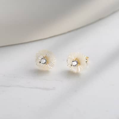 Flower Shape Cubic Zirconia 925 Sterling Silver Shell Pearl Stud Earrings detail 3
