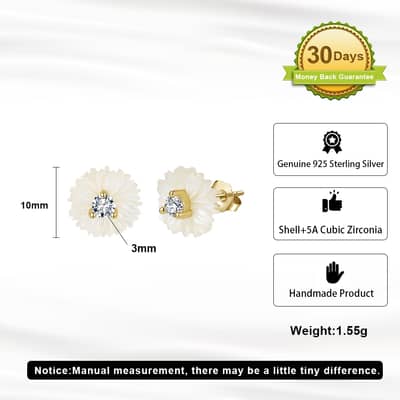 Flower Shape Cubic Zirconia 925 Sterling Silver Shell Pearl Stud Earrings detail 5