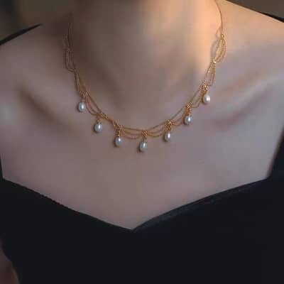 Natural Freshwater Pearl Necklace Retro Lace Multi-layer Bean Chain Pearl Pendant Baroque Style detail 4