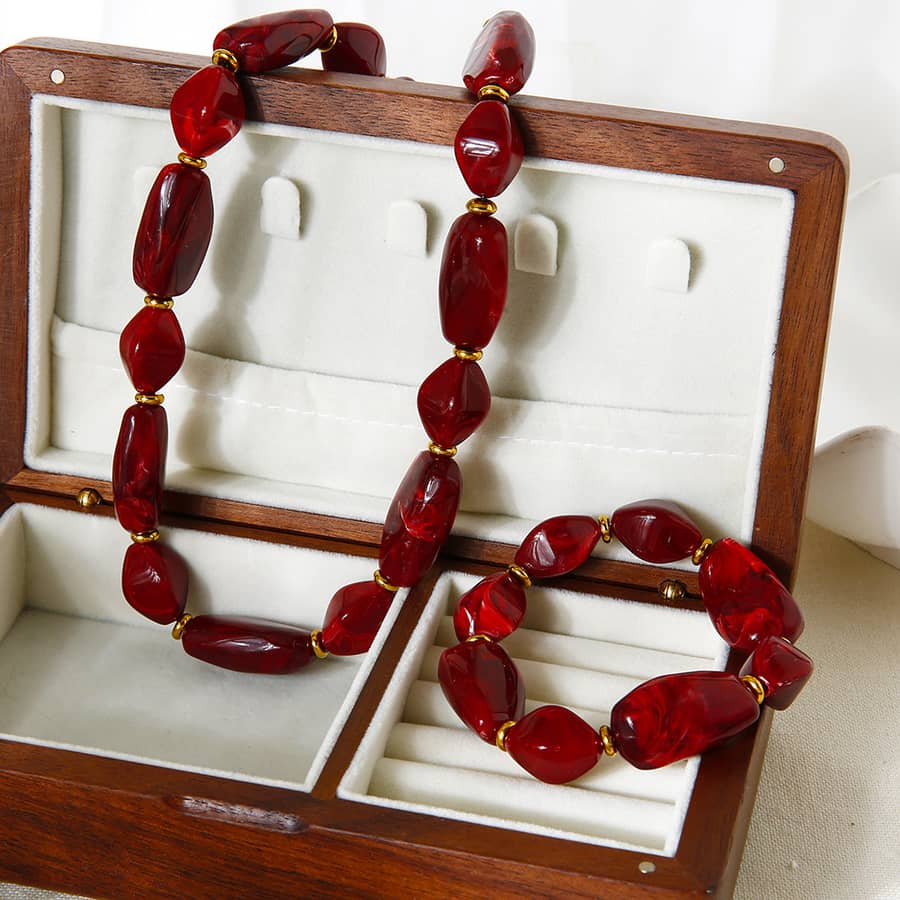 Irregular Dark Red Acrylic Bead Necklace Gold-plated Black Stones Adjustable Beads - main