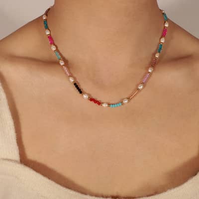 Minimalist Geometric Freshwater Pearls Natural Stone Bead Design Titanium Steel Gold-plated Necklace detail 1