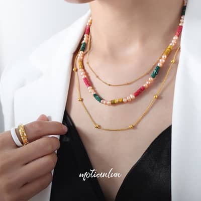 Dopamine Style Summer Leisure Vacation Colorful Bead Freshwater Pearl Bead Stainless Steel Necklace detail 1