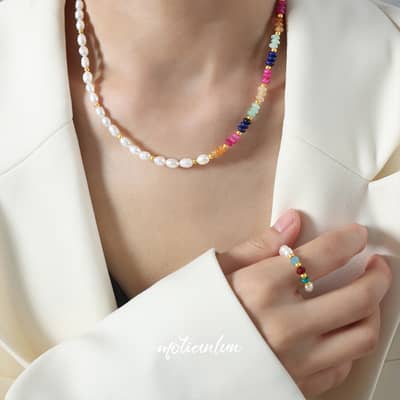 French Niche Ins Cool Style Freshwater Pearls Colorful Abacus Beads Stainless Steel Bead Necklace detail 1