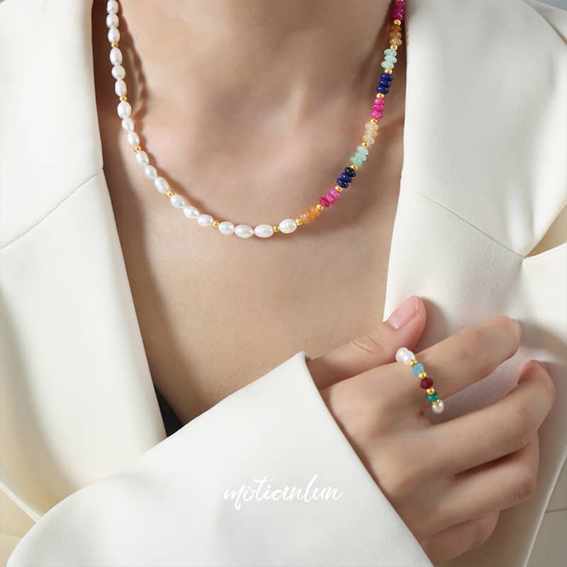 French Niche Ins Cool Style Freshwater Pearls Colorful Abacus Beads Stainless Steel Bead Necklace - main