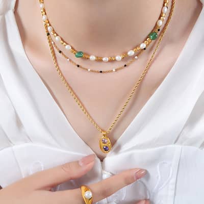 Freshwater Pearl Geometric Natural Bead Titanium Steel Necklace detail 4