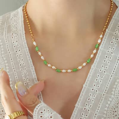 Trendy Green Cat's Eye Stone Paired Freshwater Pearl Stainless Steel Bead Necklace detail 1