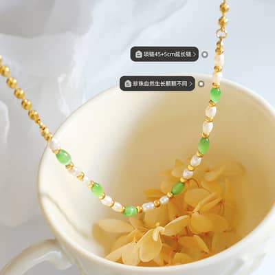 Trendy Green Cat's Eye Stone Paired Freshwater Pearl Stainless Steel Bead Necklace detail 2