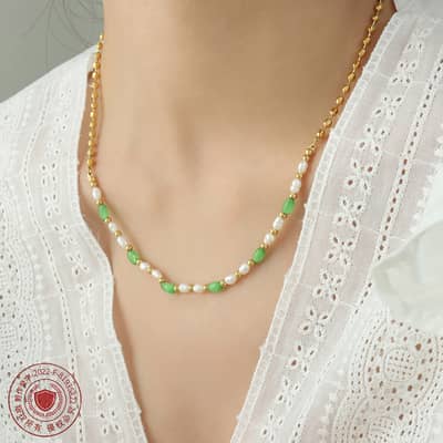 Trendy Green Cat's Eye Stone Paired Freshwater Pearl Stainless Steel Bead Necklace detail 3