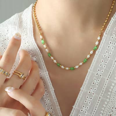 Trendy Green Cat's Eye Stone Paired Freshwater Pearl Stainless Steel Bead Necklace detail 4