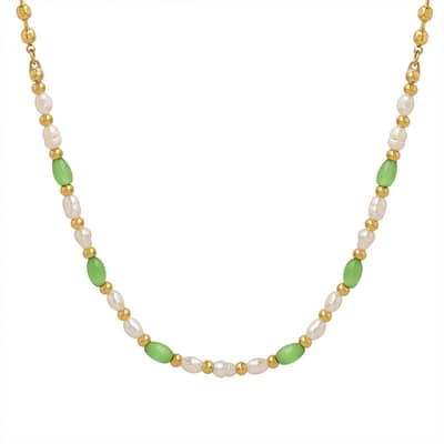 Trendy Green Cat's Eye Stone Paired Freshwater Pearl Stainless Steel Bead Necklace detail 5