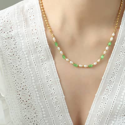 Trendy Green Cat's Eye Stone Paired Freshwater Pearl Stainless Steel Bead Necklace detail 6