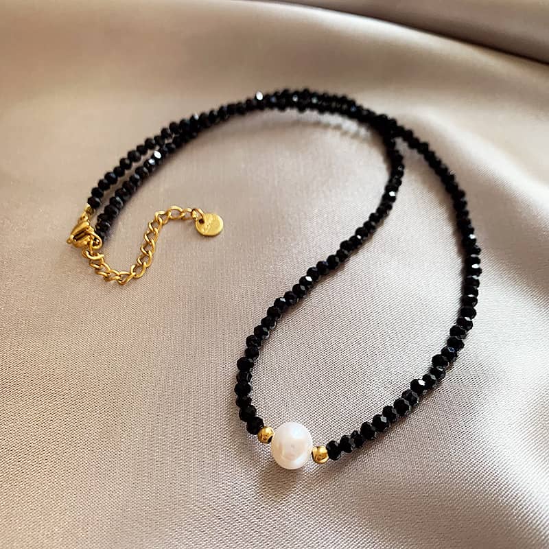 Elegant Natural Stone Black Spinel Crystal Necklace Freshwater Pearl Choker Beaded - main