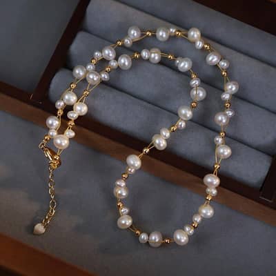Titanium Steel Lock Chain Freshwater Pearl Delicate Fashion Jewelry Gold Plated Beaded Necklace detail 2