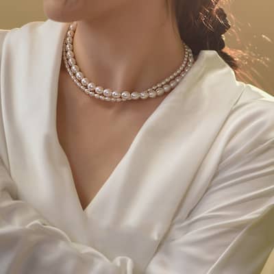 Trendy Handmade Elegant Beaded Necklace Gold Plated Double Layer Freshwater Pearl Choker detail 2