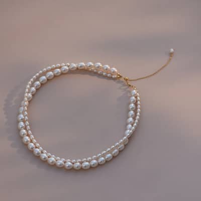 Trendy Handmade Elegant Beaded Necklace Gold Plated Double Layer Freshwater Pearl Choker detail 3