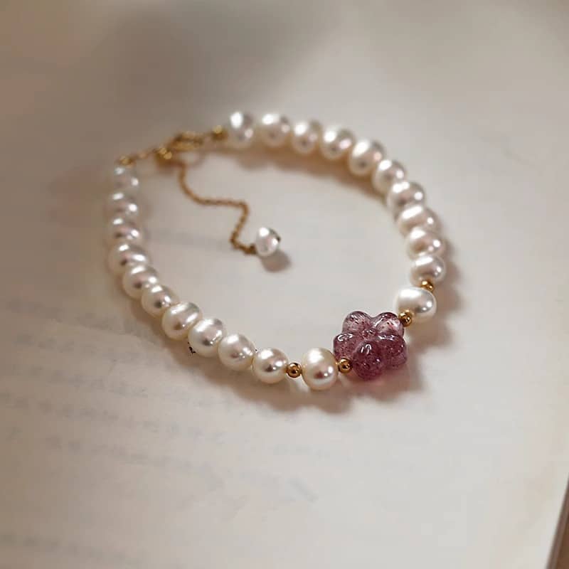 Petal Strawberry Crystal Adjustable Bracelet Freshwater Pearl Beaded Bracelet - main