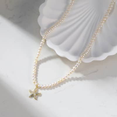 Trendy Natural Pearl Necklace 925 Sterling Silver Starfish Pendant Freshwater Pearl detail 2