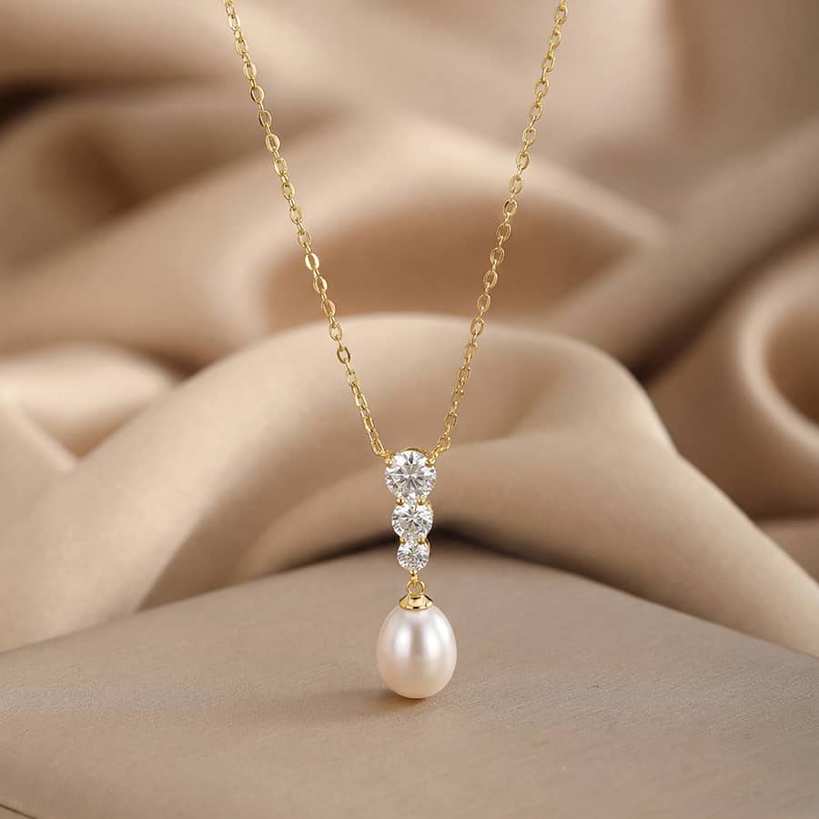 Elegant 925 Silver 9-10mm Natural Freshwater Pearl Pendant Necklace - main
