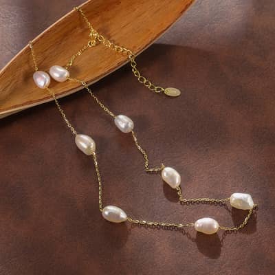 Handmade 14K Gold Real 925 Sterling Silver Pearl Necklace with 7-8mm Baroque Freshwater Pearl Tiny Chain detail 1