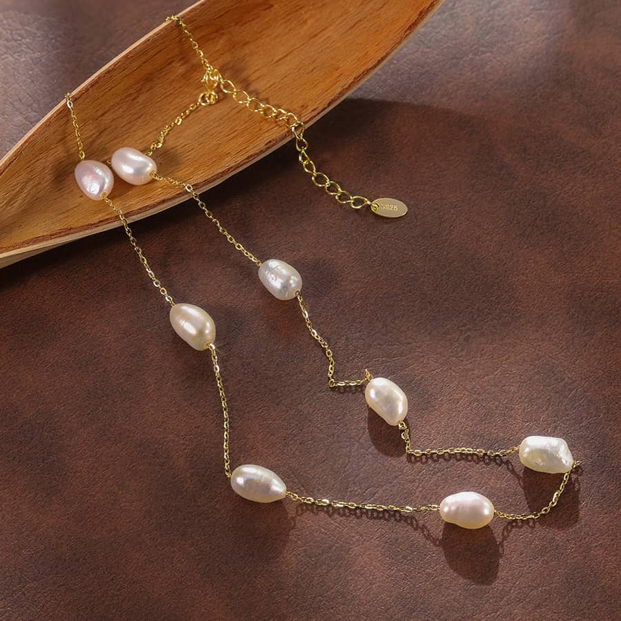 Handmade 14K Gold Real 925 Sterling Silver Pearl Necklace with 7-8mm Baroque Freshwater Pearl Tiny Chain - main