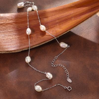 Handmade 14K Gold Real 925 Sterling Silver Pearl Necklace with 7-8mm Baroque Freshwater Pearl Tiny Chain detail 2