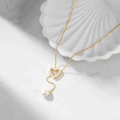 Stretchable Chain Pearl Heart Hollow Out Zircon Necklace 925 Sterling Silver Pearl Pendant detail 1