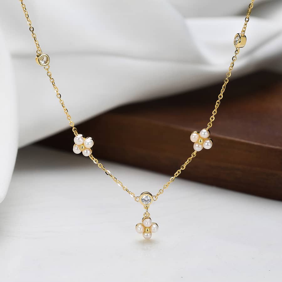 Geometric Four Leaf Flower Freshwater Pearl Pendant Necklace, 925 Sterling Silver - main