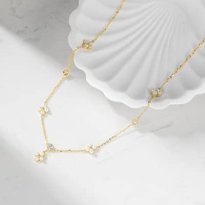 Geometric Four Leaf Flower Freshwater Pearl Pendant Necklace, 925 Sterling Silver detail 2