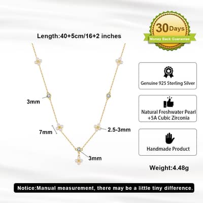 Geometric Four Leaf Flower Freshwater Pearl Pendant Necklace, 925 Sterling Silver detail 5