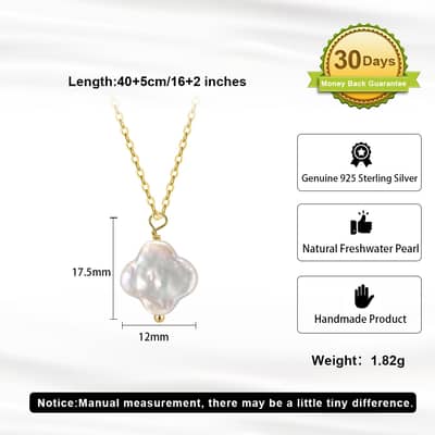 Minimalist Baroque Four-leaf Clover Pearl Pendant Necklace, 925 Sterling Silver detail 5