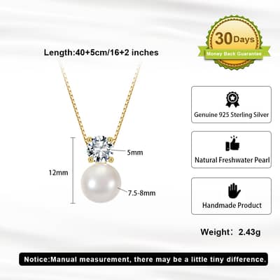 Zircon & 7.5-8mm Freshwater Pearl Pendant Necklace, S925 Silver detail 5