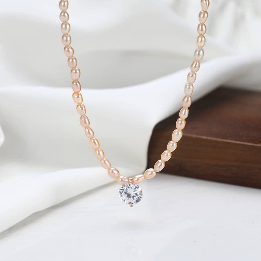Pink Cultured Freshwater Pearl Bead Choker Necklace with Zircon Pendant - main