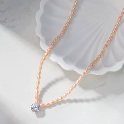 Pink Cultured Freshwater Pearl Bead Choker Necklace with Zircon Pendant detail 2