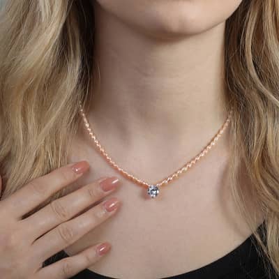 Pink Cultured Freshwater Pearl Bead Choker Necklace with Zircon Pendant detail 3