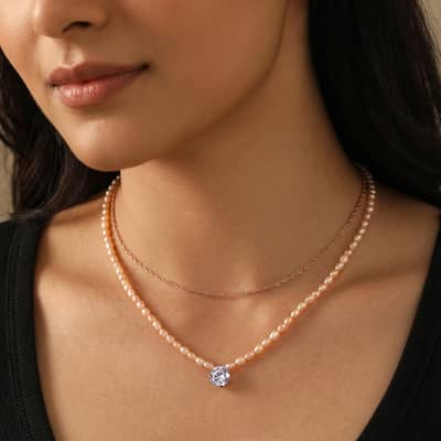 Pink Cultured Freshwater Pearl Bead Choker Necklace with Zircon Pendant detail 4