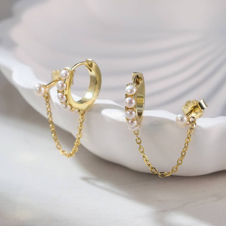 925 Sterling Silver Cultured Freshwater Pearl Huggie Hoop Chain Stud Earrings - main